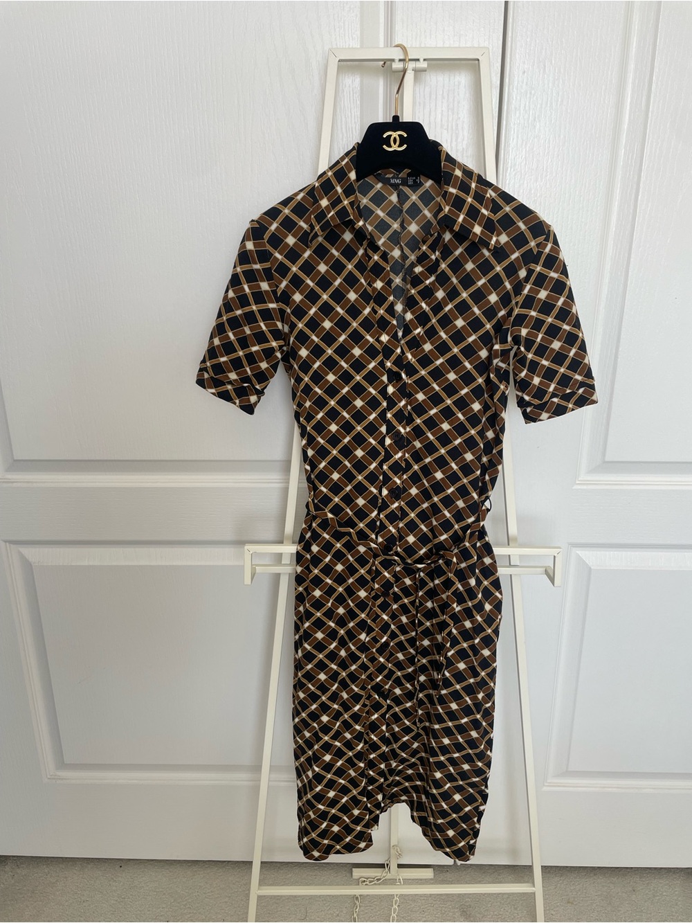Mango Black and Tan Geometric Midi Shirt Dress